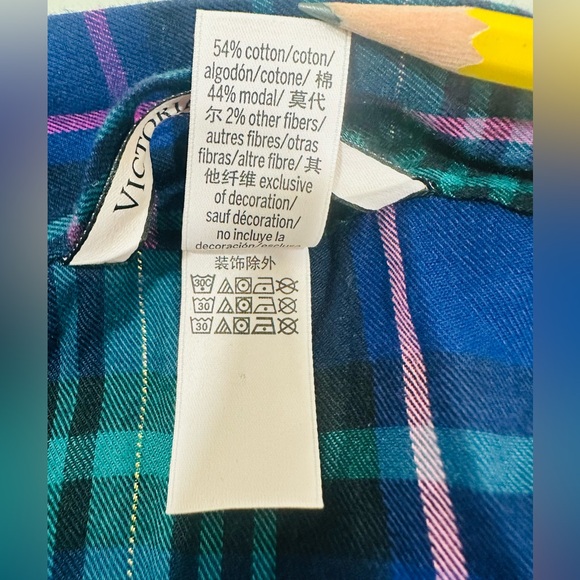 Victoria's Secret Short Flannel Robe Kimono Cotton Modal Plaid Blue Green M/L‎ - Picture 7 of 8